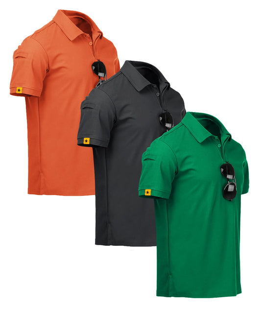 ZITY 3 Pack Mens Polo Shirt Short Sleeve Sports Performance Business Casual Golf Shirts for Men Collared Tactical T-Shirts Orange Grey Grass X-Large