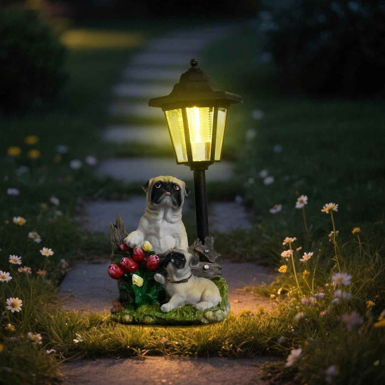 JIALINXIA Solar Garden Country Farm Pug Dogs with Light, Outside-Outdoor Decorations Animal Statue for Patio Yard Lawn Walkway Ornaments Clearance Gifts for Mom Grandma Birthday