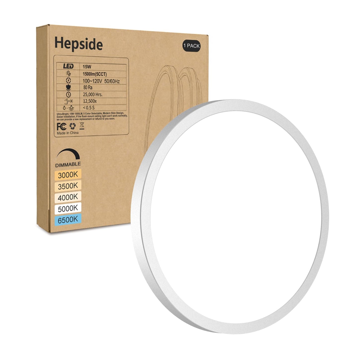 hepside LED Flush Mount Ceiling Light Fixture, 7Inch 15W, Dimmable&3000K/3500K/4000K/5000K/6500K Adjustable Low Profile Ceiling Lights, 1500LM Round Lamp for Bathroom, Closet, Kitchen, Hallway, White