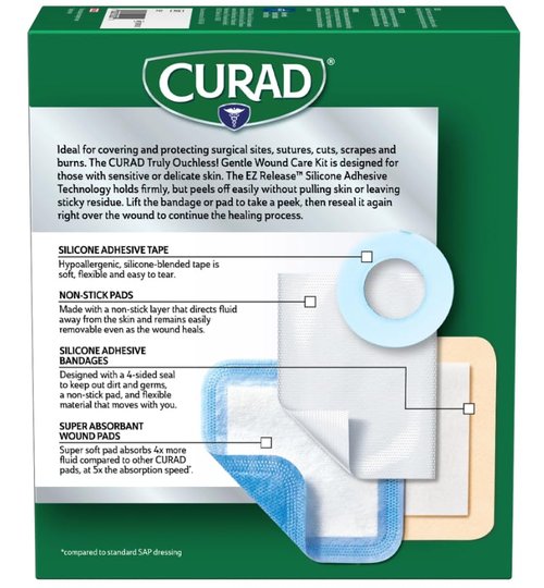 CURAD Truly Ouchless! Gentle Wound Care Kit, Assorted Pack of Bandages, Pads and Tape, 10 Count