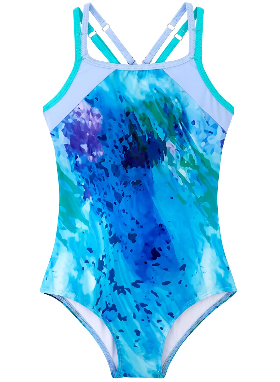 Belovance Girls Swimsuits One Piece Athletic Bathing Suit Size 9 10 Double Adjustable Straps Back Cutout Sporty Color Block Kids Children Pool Beach Swimwear Quick Dry (Aqua Green, 9-10 Years)