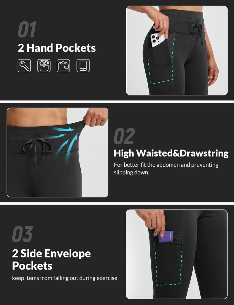 baleaf Women's Thermal Warm Winter Leggings Fleece Lined Pants Waterproof High Waisted with Pockets Outdoor Workout Running Tights Black M