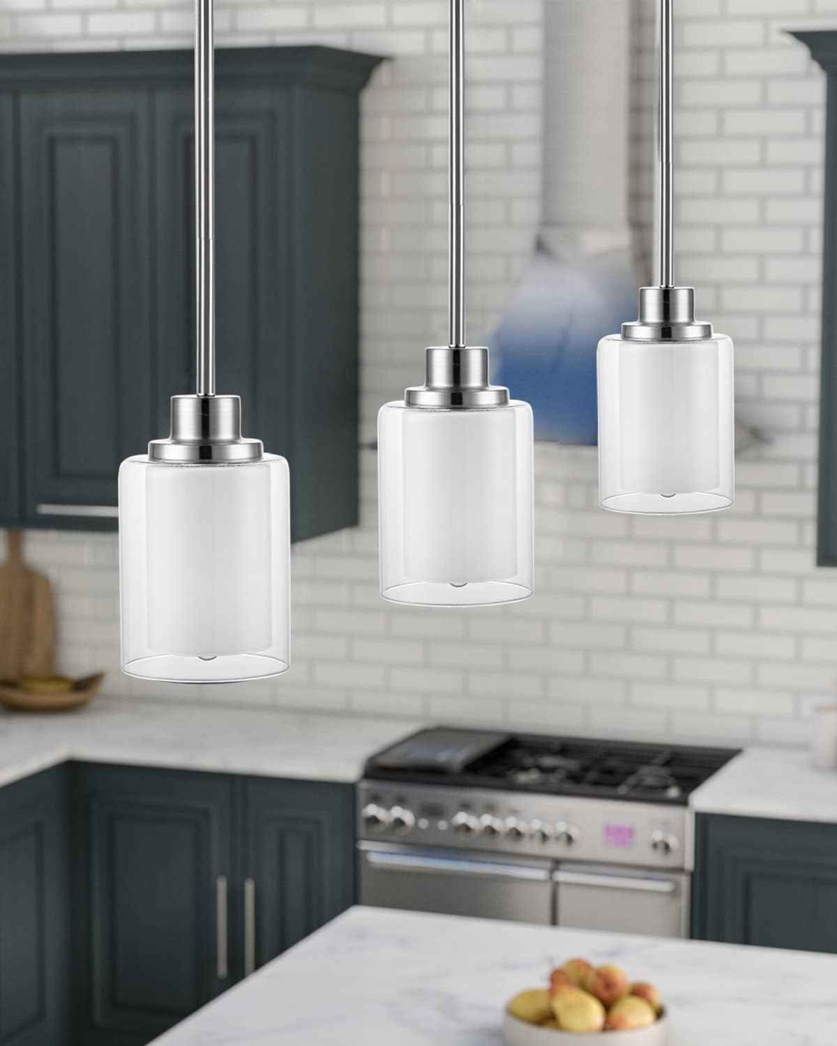 Eidonta 1-Light Mini Pendant Light Fixtures, 3 Pack Modern Brushed Nickel Hanging Ceiling Light with Dual Glass, Adjustable Height