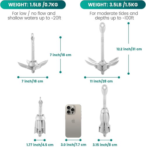 Kayak Anchor Kit - 1.5/3.5 lb Compact Folding Grapnel Anchor for Kayaks, Canoes & SUPs | Lightweight Rust-Resistant Design