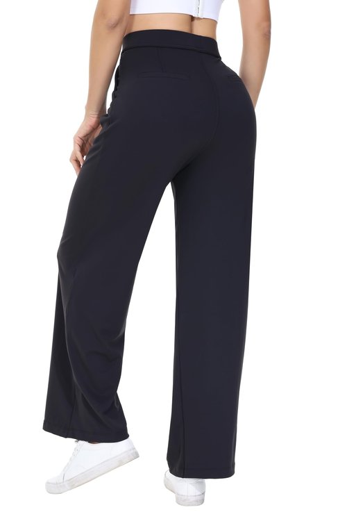 Womens Dress Pants Straight Wide Leg Work Business Casual Trousers Wear Stretchy Pull on Office Slacks Travel Yoga Sweatpants High Waisted with Pockets Tall Comfy Lounge Trendy Clothes Black 31" M