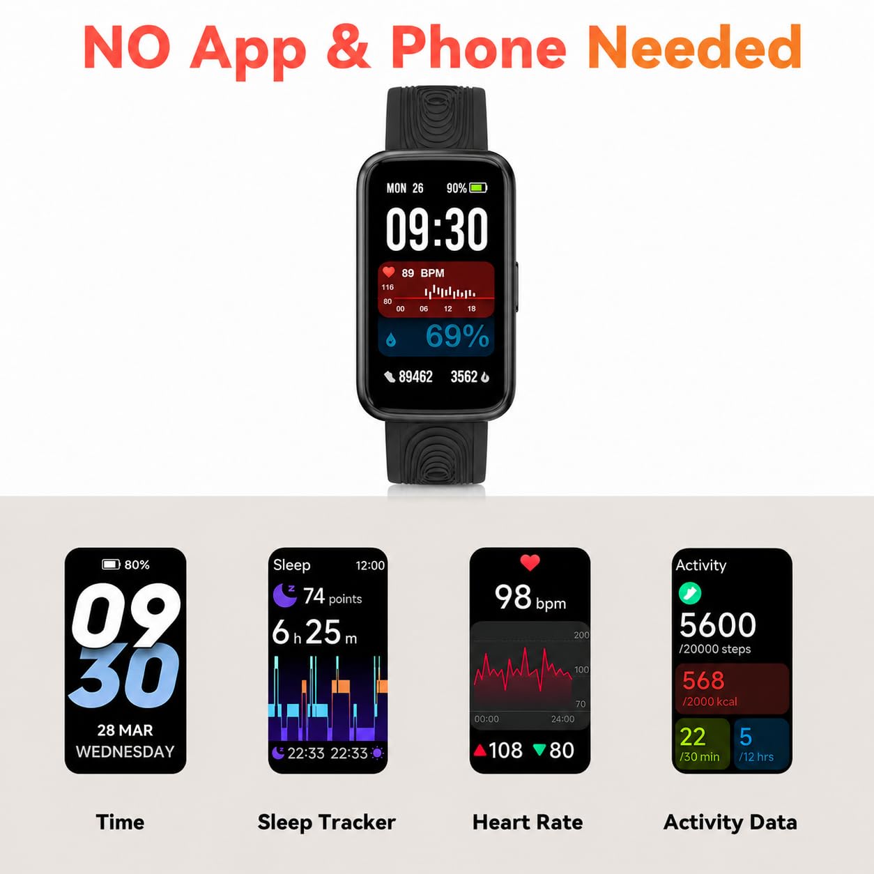 Long Battery Pedometer Watch 14 Days Battery Life, Slim Design No App/Phone Required Fitness Tracker, 50 Meters Waterproof Smart Watch, Heart Rate & Blood Oxygen Monitor Step Counter for Men Women