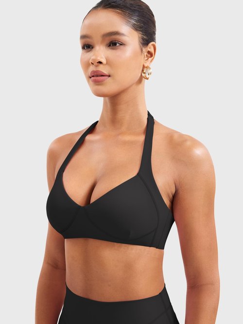 YEOREO Women Halter Sports Bra Light Support V Neck Padded Strappy Open Back Workout Gym Tops Black M