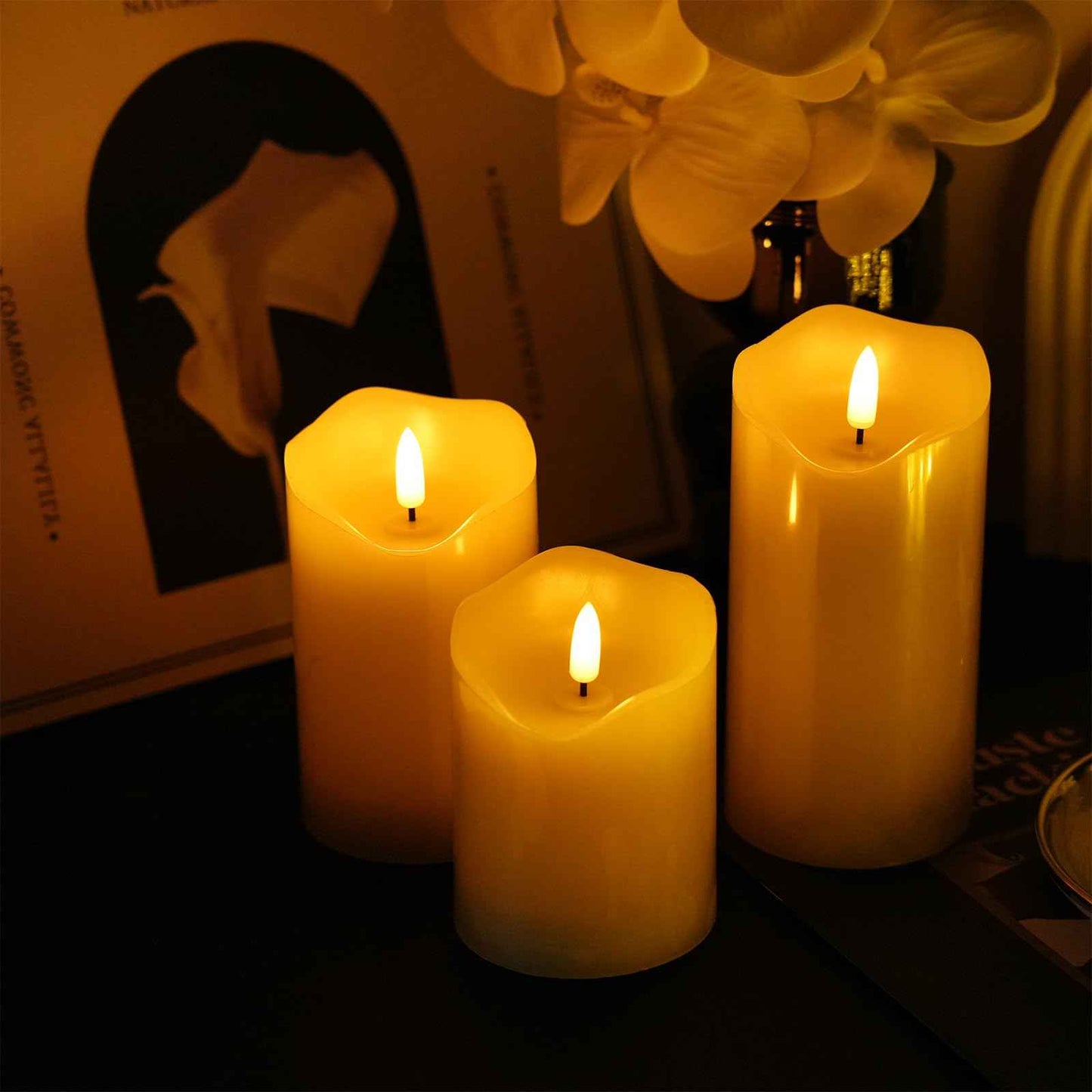 Homwamee Flameless Candles with Remote - Realistic 3D Flickering LED Candles, Timer & 3 Sizes (4”/5”/6”), Battery Operated Safe Real Wax Candles for Home/Wedding/Party Decor, Set of 3