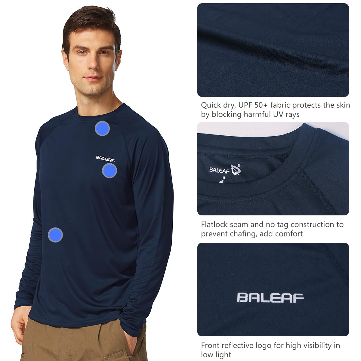 baleaf Mens UPF 50+ Sun Protection Shirts Long Sleeve Rash Guard, Quick Dry 4-Way Stretch for Fishing Swimming Surfing 01-Dark Blue L