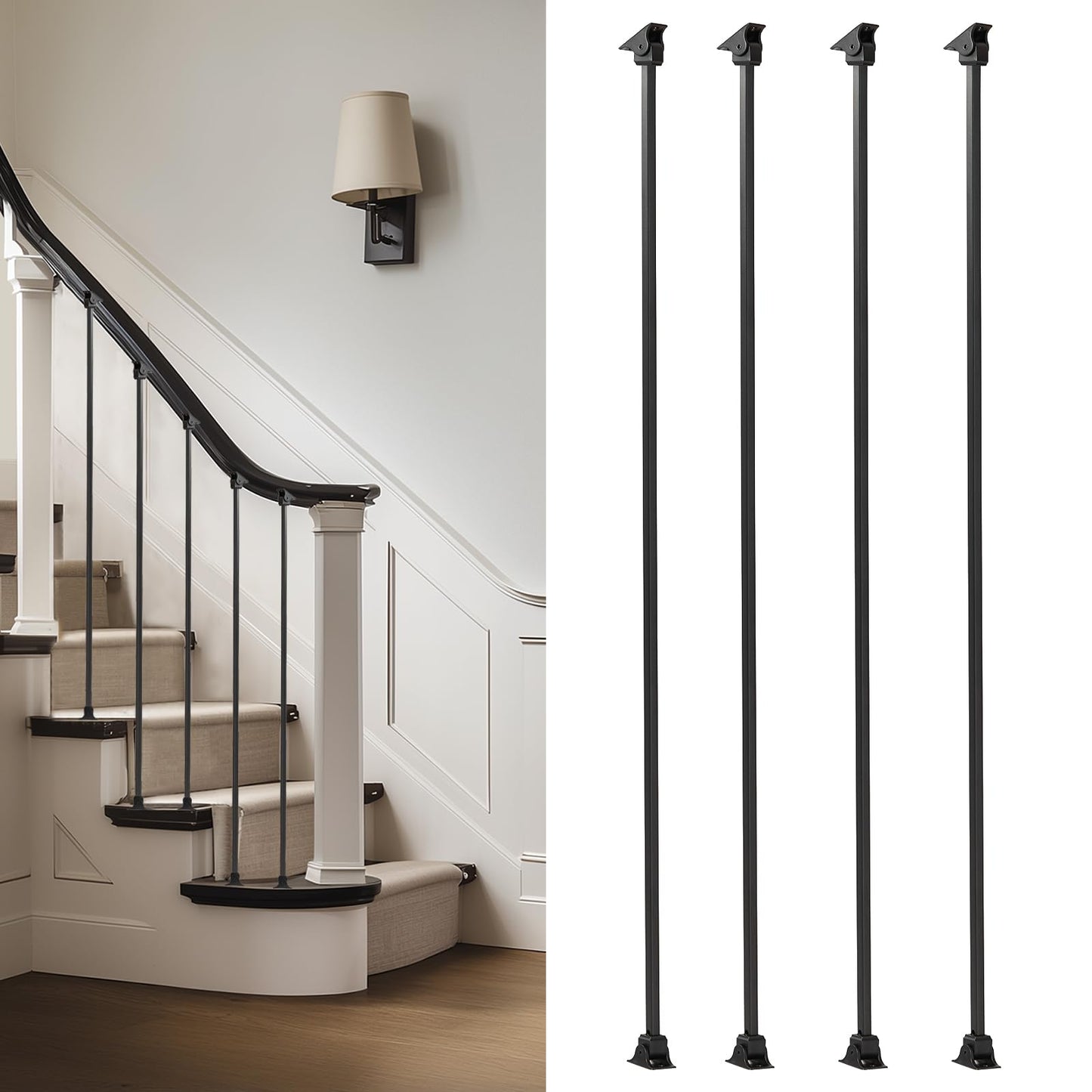 Gleefurny Balusters for Staircase Interior - Stair Railing Indoor Spindles, Iron Balusters Banister, Hollow Square, 1/2inch x 44inch, Plain Iron Balusters and Swivel Shoes (Pack of 10), Satin Black