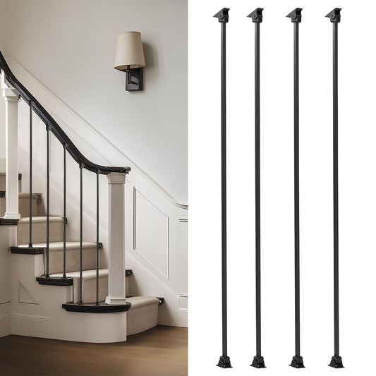 Gleefurny Balusters for Staircase Interior - Stair Railing Indoor Spindles, Iron Balusters Banister, Hollow Square, 1/2inch x 44inch, Plain Iron Balusters and Swivel Shoes (Pack of 10), Satin Black