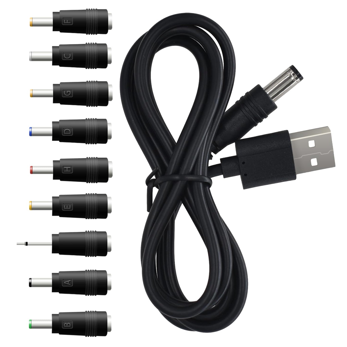 5V DC Power Cord Replacement Charger, USB to DC Plug Charging Cord with 9 Connectors Adapters for Moon Lamp, Massage Wand, Router, LED Light, Speaker and More Devices (Black)