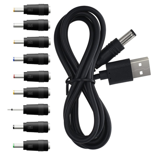 5V DC Power Cord Replacement Charger, USB to DC Plug Charging Cord with 9 Connectors Adapters for Moon Lamp, Massage Wand, Router, LED Light, Speaker and More Devices (Black)