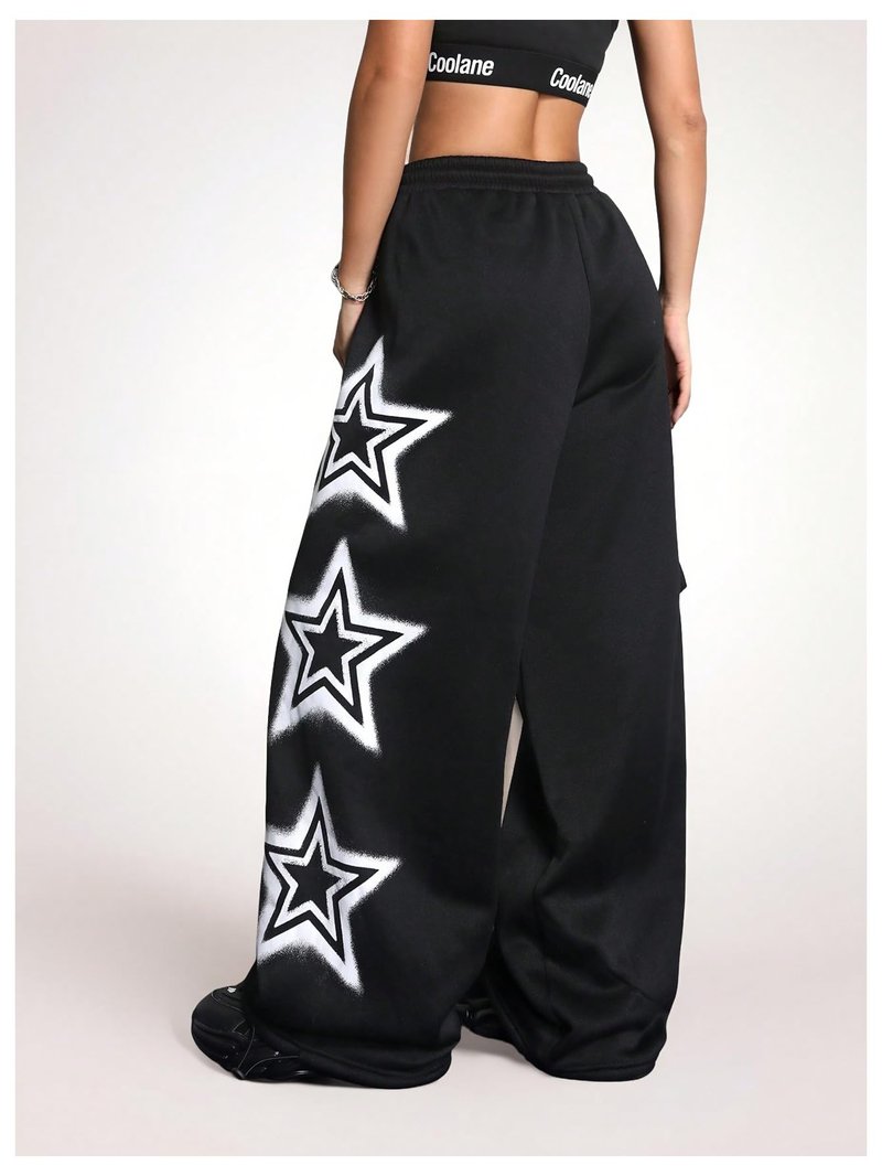 BEAUDRM Women's Y2k Baggy Sweatpants Star Print Drawstring Elastic Waist Baggy Pants Wide Leg Fleece Lined Cargo Sweatpants Black Large