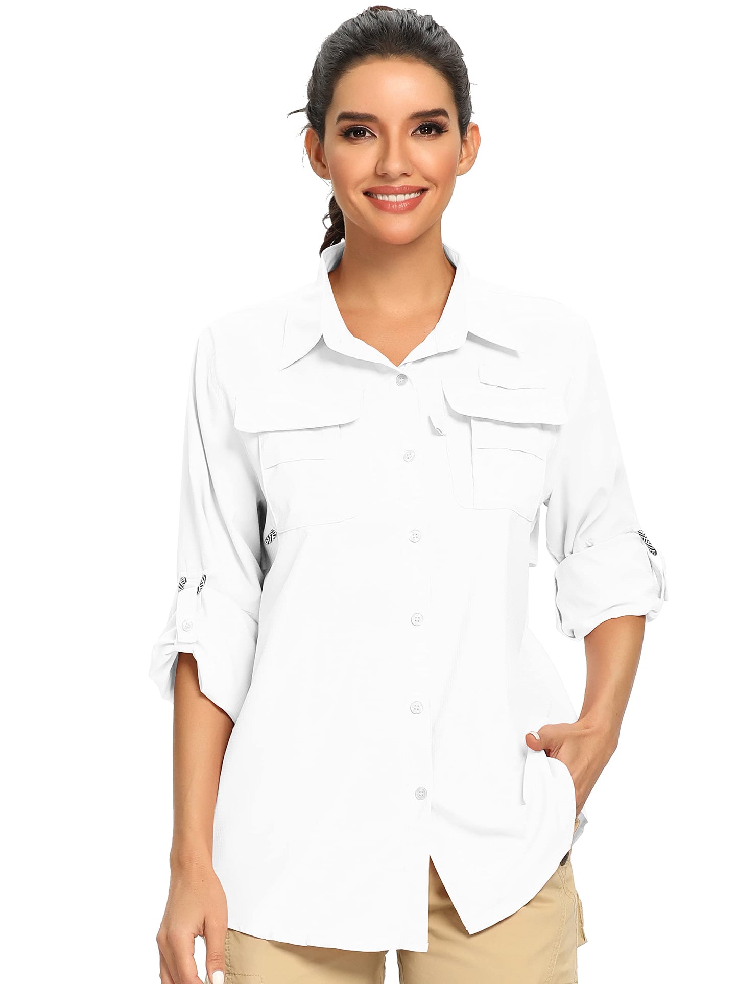 Jessie Kidden Womens Safari Shirts Sun Protection Sun Clothes for Women Outdoor Quick Dry Fishing Hiking Gardening Shirts (5055 White M)