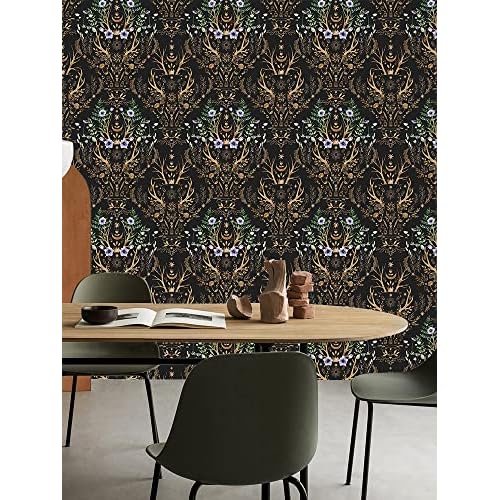 HAOKHOME Gothic Wallpaper Peel and Stick Retro Floral Damask Bronze/Black/Purple Witchy Wall Decor Bathroom Removable Mural 17.7in x 6.5ft