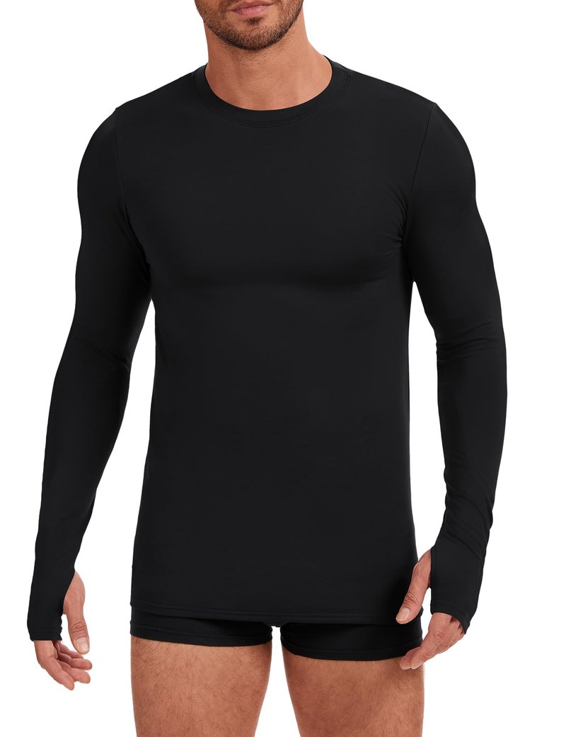 Tfovorlein Long Sleeve Undershirt for Men Thermal Underwear Shirts Fitted Fleece Lined Soft Warm Mens Running Basic Baselayer Winter Tops with Thumb Holes Black XL