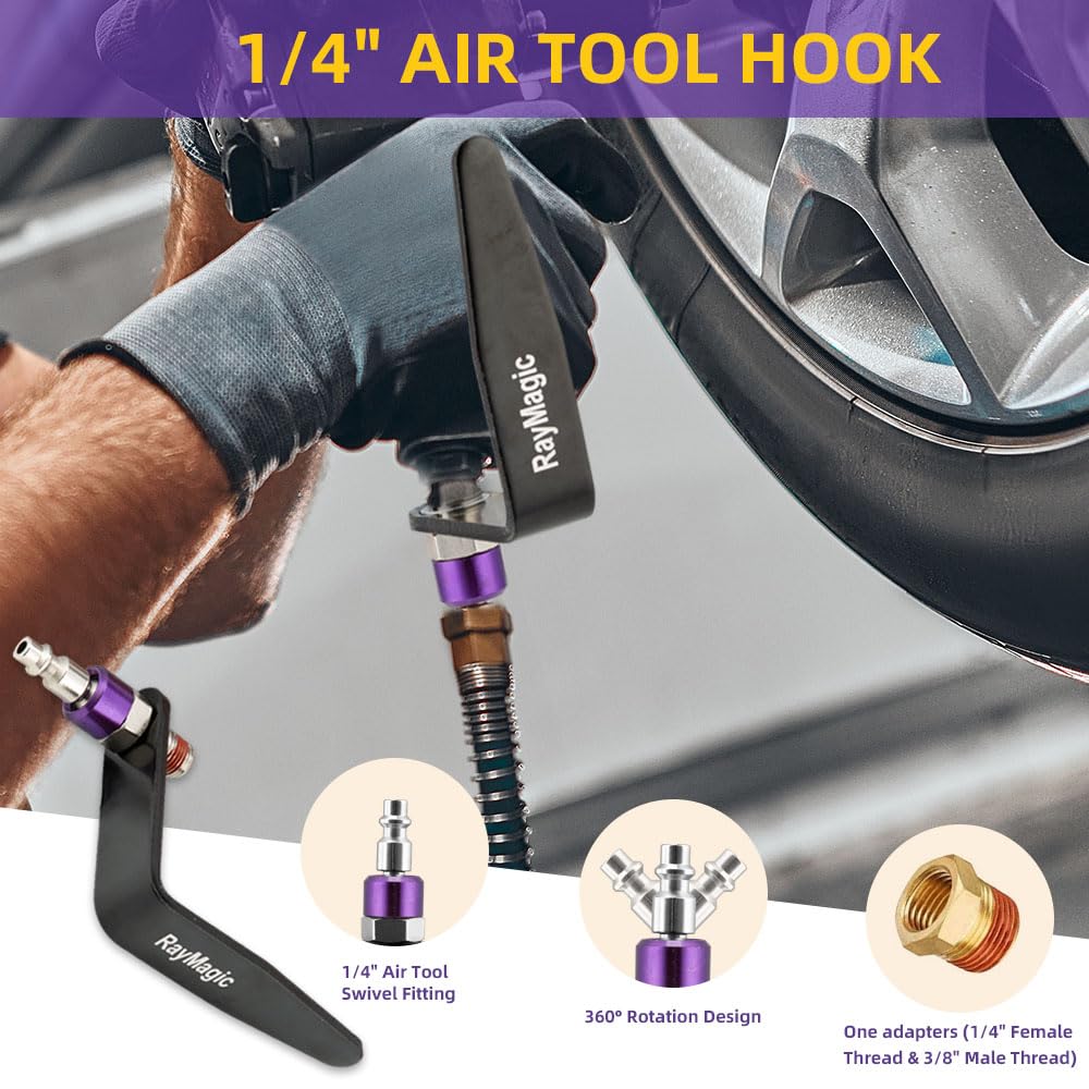 RayMagic Steel Pneumatic Tool Rafter Hook Hanger, Lightweight, Durable,Reusable Metal Organaizer Adjustable Easy Install Hooks with 1/4" Air Tool Swivel Fitting, for Air Nailer, 1-Piece, Purple