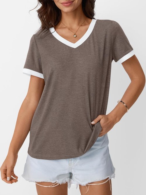 AUTOMET Women's V-Neck Short Sleeve T-Shirt - Casual Soft Tunic for Spring Fashion | Versatile Workout Top