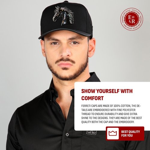 Ferreti - FT88 - Black - Skull and Banner Design - Hats - Gorra - Original - Sombrero - Snapback - Adjustable Fit - Embroidered Patch Detail - Black