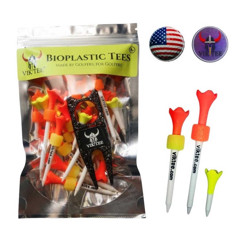 VIKTEE Premium Golf Tees 20 Pack – Patented Anti-Shock Rubber & Latex Coated for Extreme Durability – Includes Multi-Functional Divot Tool & Collectible Ball Marker – Eco-Friendly & Biodegradable