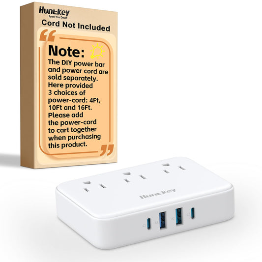 Non Surge Power Strip for Cruise, Travel Power Strip Cord Removable for Easy Packing, Huntkey 3 Outlets with 4 USB Ports (2 USB-C, 2 USB-A), 4ft/10ft/16ft Cord Available, Power Cord Sold Separately