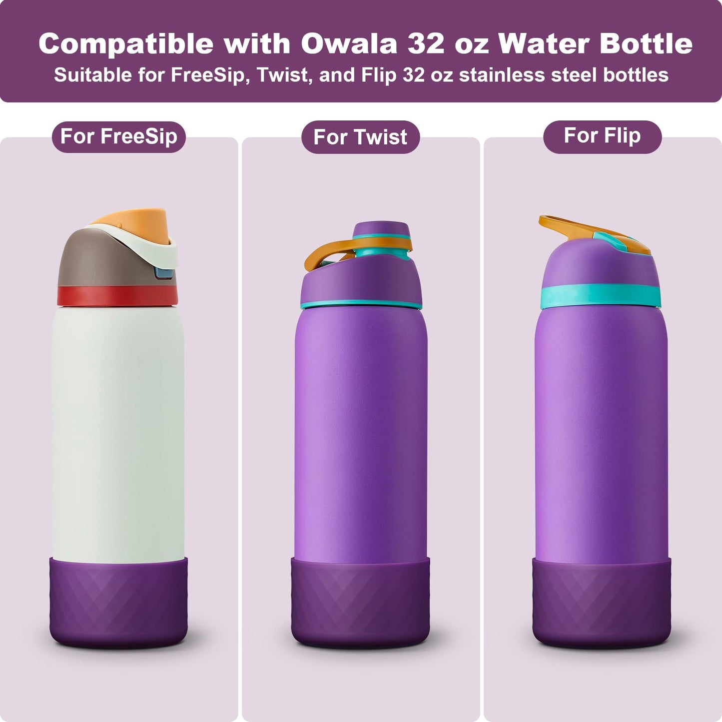 Alwenid 2PCS Silicone Water Bottle Boot for Owala 32 Oz, Anti-Slip Protective Sleeve Bottom Bumper Protector for FreeSip, Twist, and Flip Stainless Steel Water Bottles (Dark Purple+Dark Red)