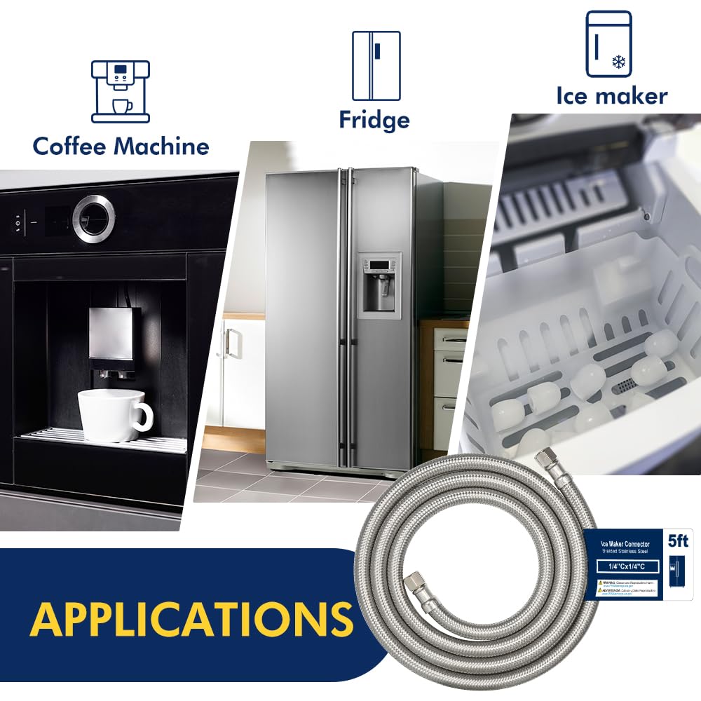 5ft Ice Maker Water Line Stainless Steel Braided – Flexible Refrigerator Water Supply Tube with 1/4" Quick Connect Fitting, Universal Fit