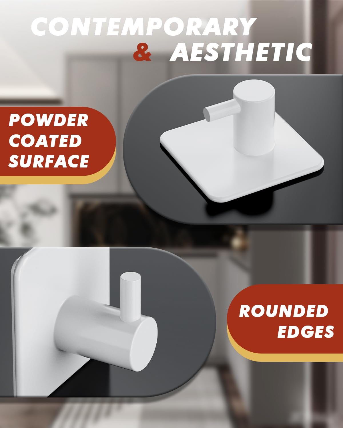 Adhesive Hooks Heavy Duty 30lb(Max) Wall Hooks, 5 Pack Self Adhesive Damage Free Towel Rack, Stainless Steel for Coat Robe, Waterproof Oilproof Rustproof for Bathroom Shower Kitchen Office