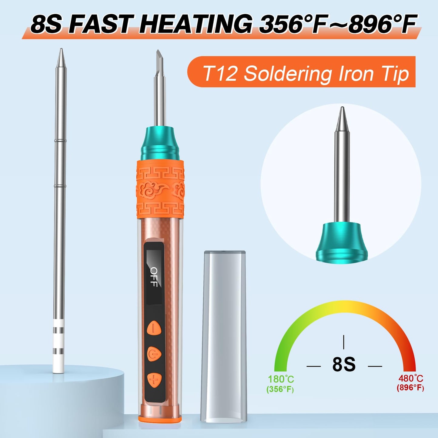 Soldering Iron Kit, Soldering Gun with OLED Digital Display, 8 Seconds Fast Heating 356-896℉ Solder Kit, Auto Sleep, Includes Solder Wire, Stand, T12 Tips for Electronics, Orange(With Power Adapter)