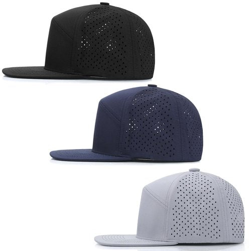 Liarnatio 3Pack Men's Flat Brim Performance Snapback Hat Laser Perforated Adjustable Baseball Cap,Running,Golf,Hiking,Workout (US, Alpha, One Size, Black+Navy+Grey)