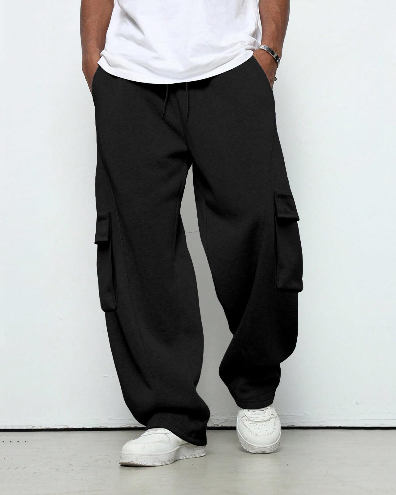 Pillxter Men's Baggy Sweatpants Heavyweight Fleece Cargo Pants Wide Leg Loose Fit Casual Joggers Sweat Pants for Men with Pockets,Black