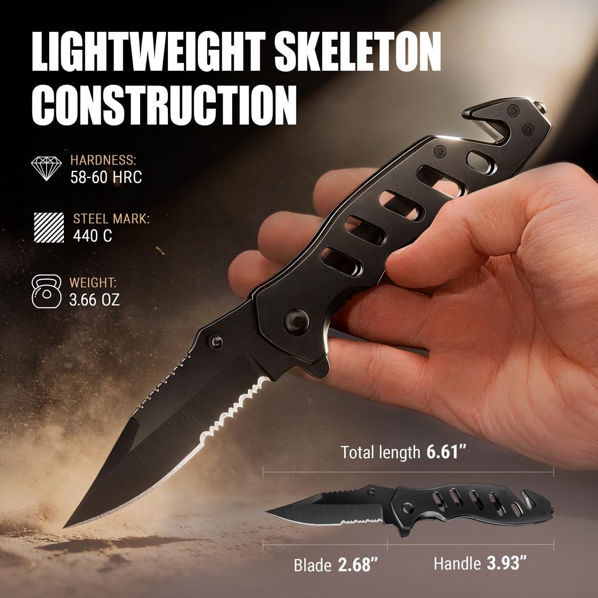 Skiennix Tactical Legal Knife - 2.68-Inch Serrated Blade | Compact Black Pocket Tool with Glass Breaker & Seatbelt Cutter - Perfect for Camping & EDC Gifts