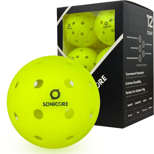 SONICORE Premium Outdoor Pickleball Balls, 12 Count Pack, Extreme Durability, Tournament-Ready Level, 40-Hole Precision Drilled, Crack-Resistant