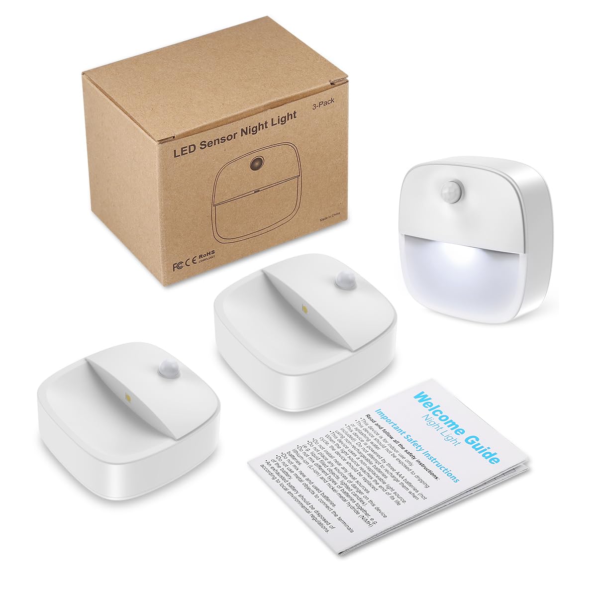 LOFICOPER Motion Sensor Light Indoor, (Upgraded) Stick on LED Night Light, Battery Operated Closet Light, Auto ON/Off Cabinet Light, for Bathroom, Bedroom, Stairs, Hallway, White, 3 Pack