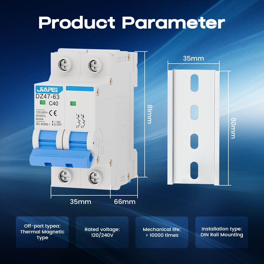 AC Miniature Circuit Breaker, 120V/240V 2 Pole 40 Amp DIN Rail Mount Circuit Breaker, MCB C40 Solar AC Disconnect Switch,Thermal Magnetic Trip