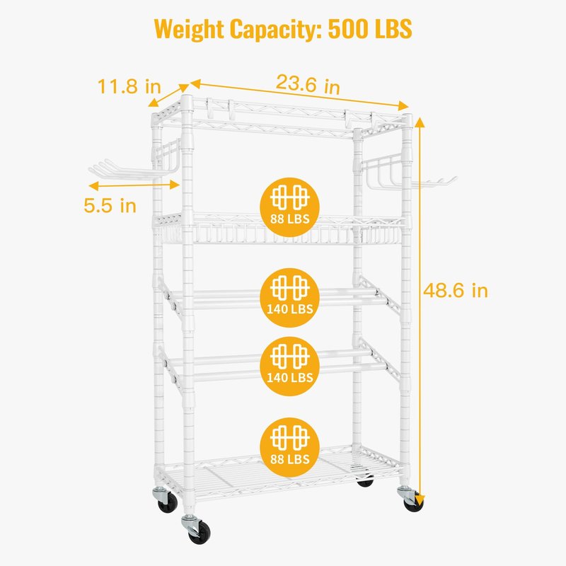 FUTASSI S3 Dumbbells Rack Storage Rack, Rolling Home Gym Weight Organizer Rack, Yoga Mat Storage and Workout Equipment Organizers for Gym Studio, Max Load 500 LBS, 34.6"W x 11.8"D x 48.6"H, White