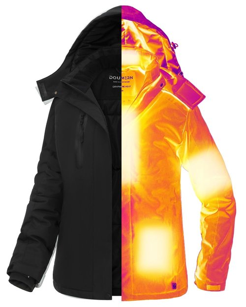 Graphene Heated Jacket Women Rechargeable Battery Pack 18400 mAh Winter Warming Waterproof Electric Heating Coat with Detachable Hood, Black2025, M, Mom Grandma Sister Girlfriend Birthday Gift
