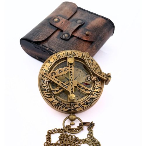 Handcrafted Vintage Brass Sundial Compass – Antique Nautical Sun Clock with Leather Case – Engraved Collectible Gift for Him – Ideal for Thanksgiving, Christmas, Holiday,