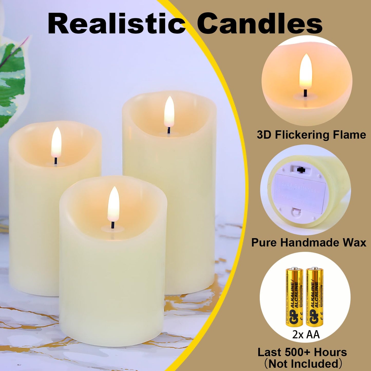 Warmhere Flickering Flameless LED Candles, Realistic Fake Candles Battery Operated with Remote and Timer, Ivory Real Wax Pillar Candle for Home Wedding Party Decorations, Set of 3, Φ 3" H 4" 5" 6"