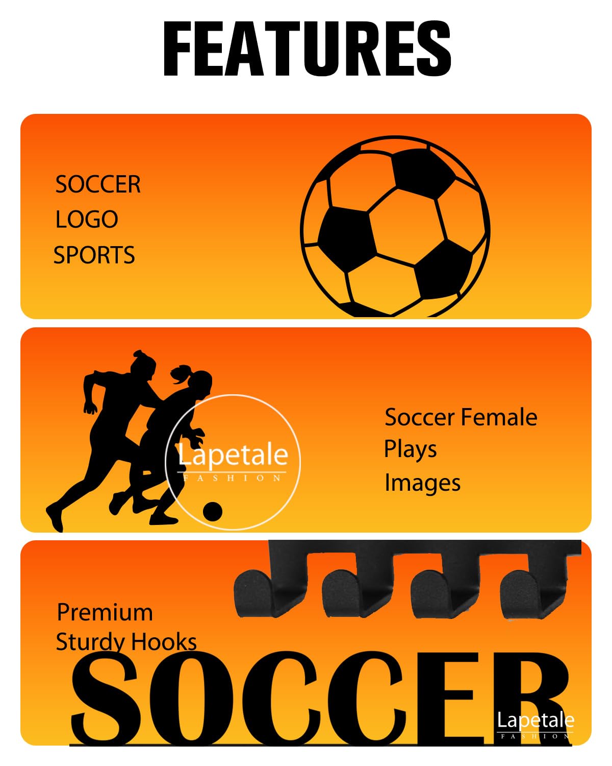 Lapetale Fashion Soccer Girl Medal Hanger Display for 63 Medals – She Believed She Could So She Did (16" Wide with 20 Hooks) - Black- Awesome Gifts-Patent NO.983560S