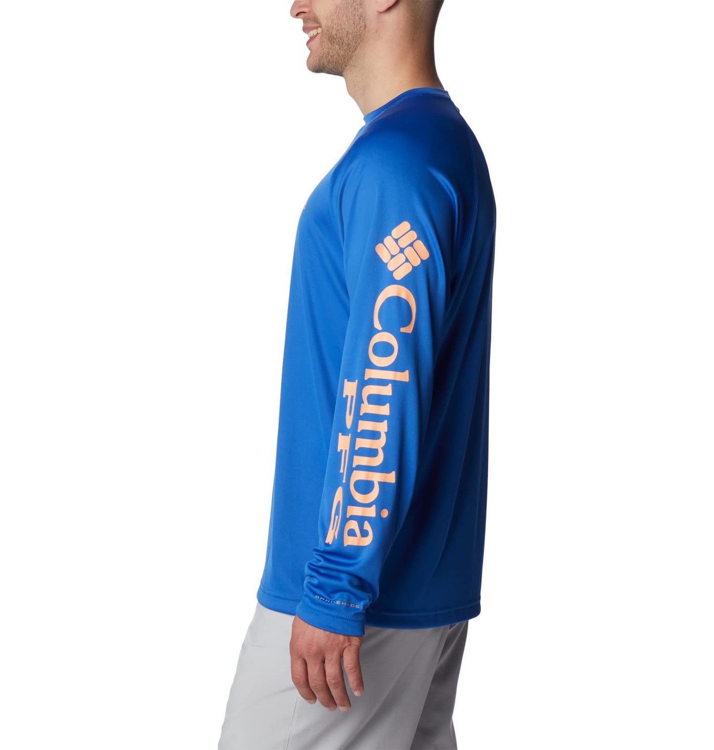 Columbia Men's Terminal Tackle Long Sleeve Fishing Shirt, Vivid Blue/Bright Nectar Logo, Large
