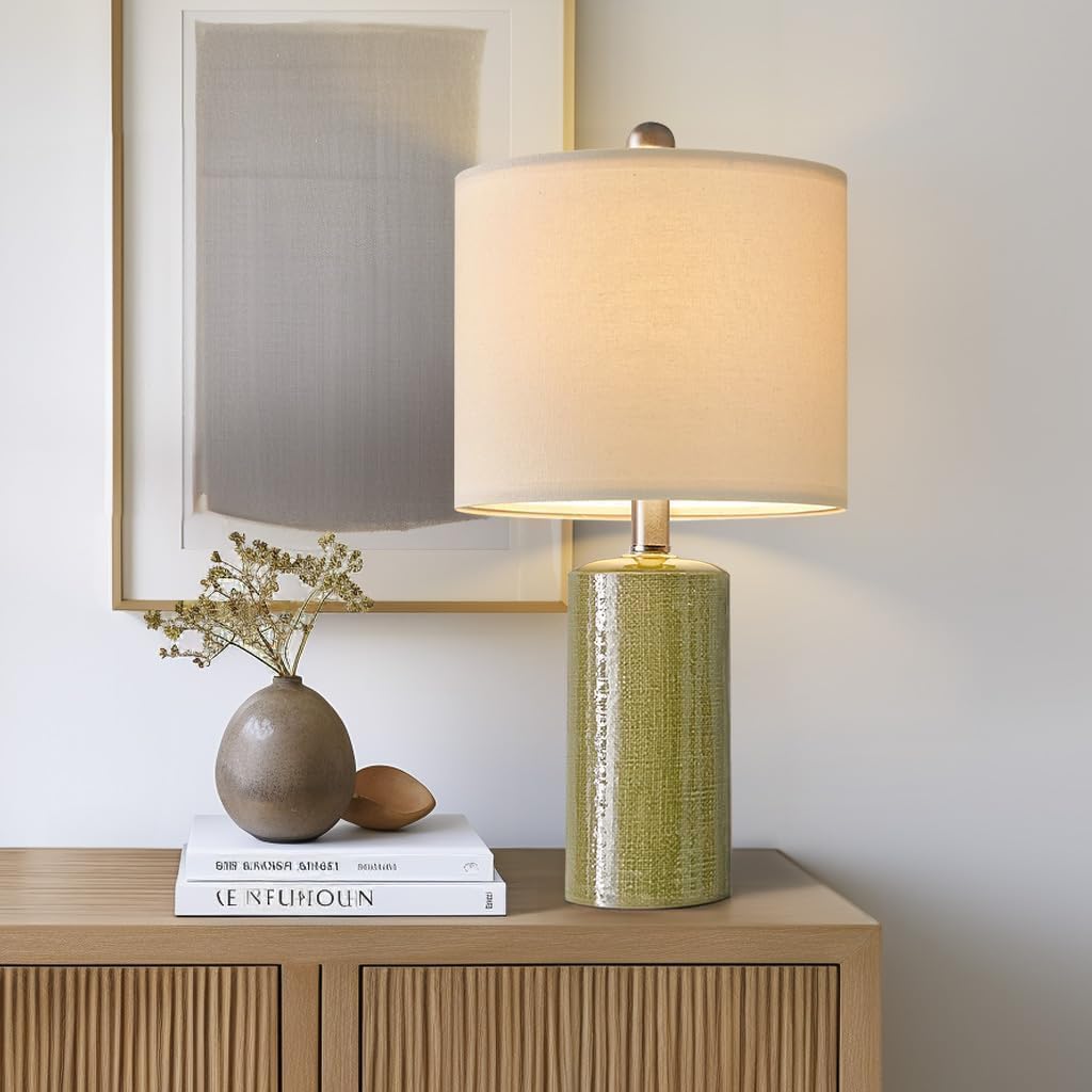 Modern Green Ceramic Table Lamp - 20.25” Nightstand & Bedside Lamp for Bedroom & Living Room