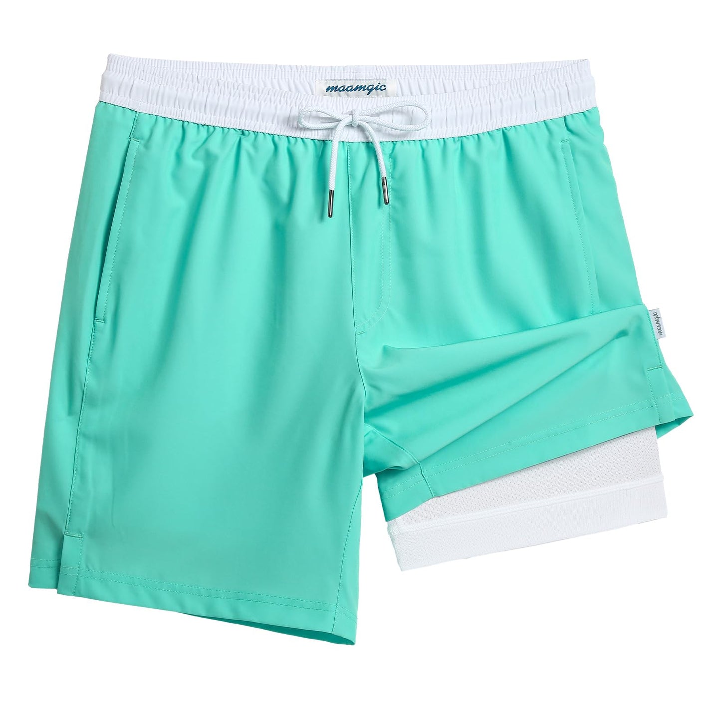 maamgic Mens Swim Trunks with Compression Liner 7 Inch Inseam Mens Bathing Suit Quick Dry Swimming Trunks Swimsuit Spring Green and White XX-Large