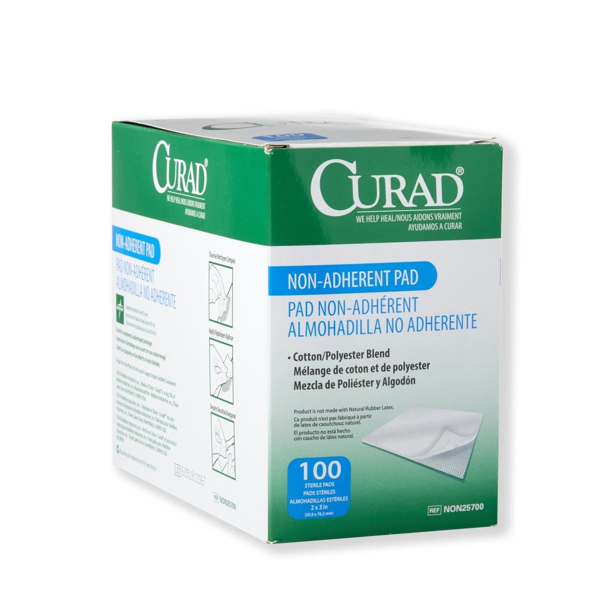 Curad Sterile Nonadherent Pad, Soft, Perforated, Absorbent, Cotton/Polyester, 2" x 3", Sterile, 100 pads