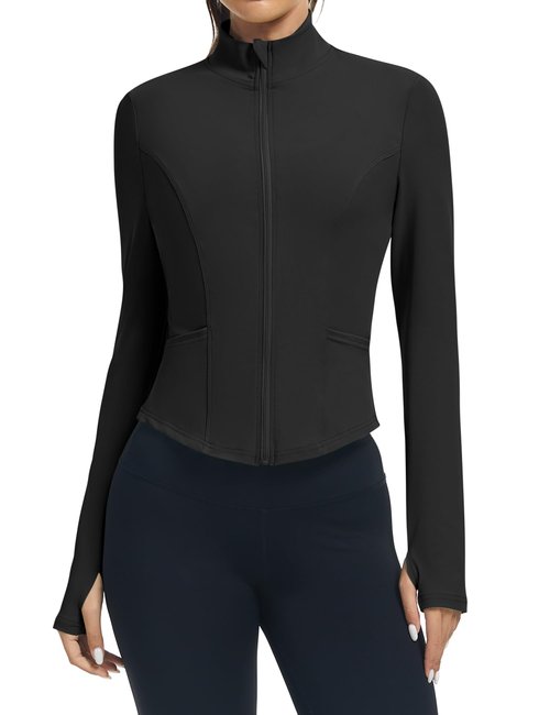 LOMON Cropped Jacket Women Black Zip Up Jacket Active Long Sleeve Tops for Women Running Shirts Gym Golf Compression Black XS