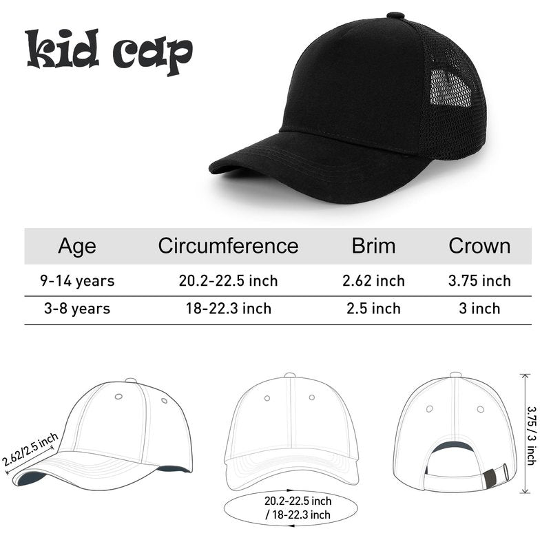 Edoneery Baseball Cap for Kids-Adjustable Washed Cotton Golf Toddler Hat for Boys & Girls (3-8 Years, Mesh-Black)