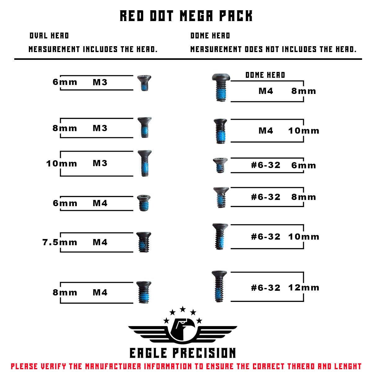 Eagle Precision Red Dot Mega Pack | 48 Pcs of M3, M4#6-32 Screws: 6mm, 8mm, 10mm 12mm for Precision Tools, Plates, and Red Dot Mounts | Includes Oval & Dome Head Torx Heads.