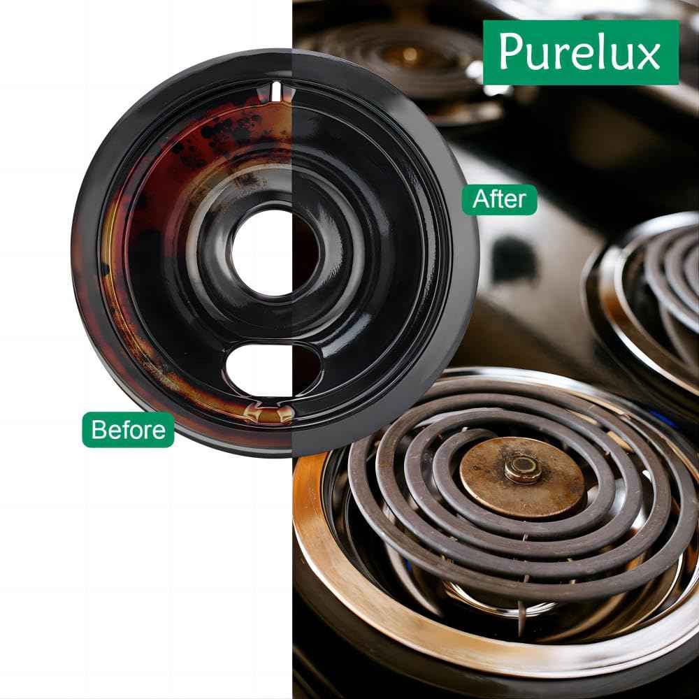 Purelux Electric Range Drip Pans Replacement Compatible with GE or Hotpoint Stove, Porcelain Enameled Black Finish 4 Pieces Pack Includes 1 Large 8-Inch and 3 Small 6-Inch