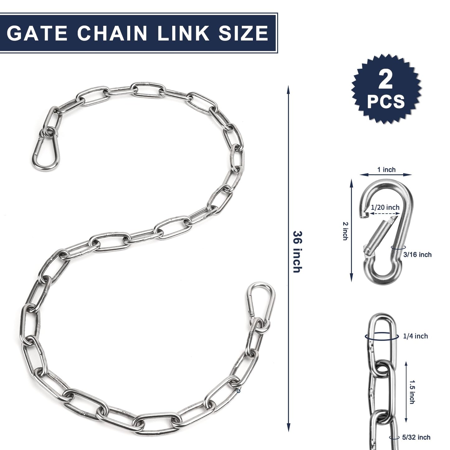2 Pack Outdoor Fence Gate Chains, 5/32 x 36 Inch Mental Chain Fence Lock with Spring Hooks Easy to Open and Close, Silver Safety Gate Chain Link for Livestock, Ranch, Barn Urkupoo (Extended)